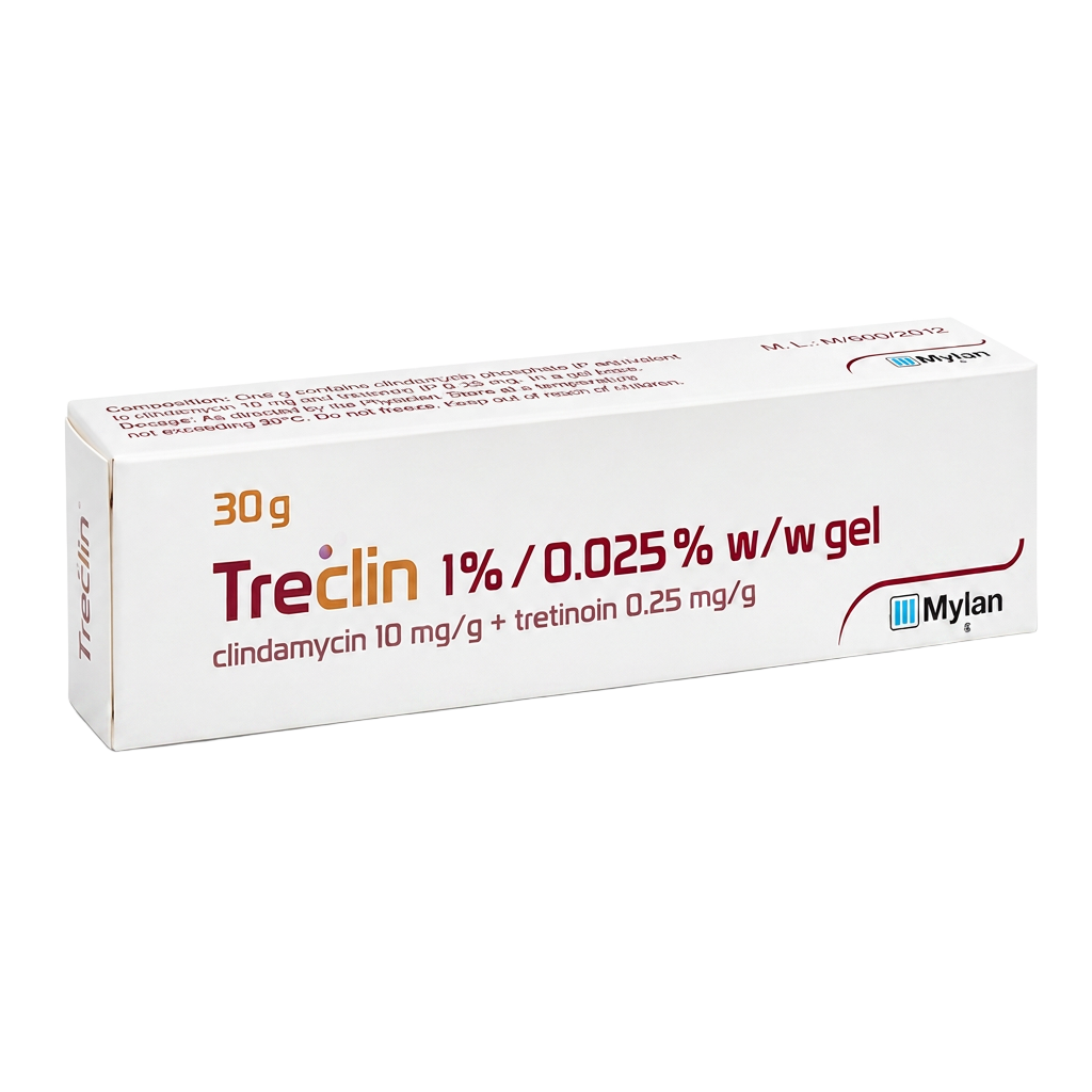 Treclin 1% / 0.025% w/w gel, clindamycin and tretinoin, 30g carton