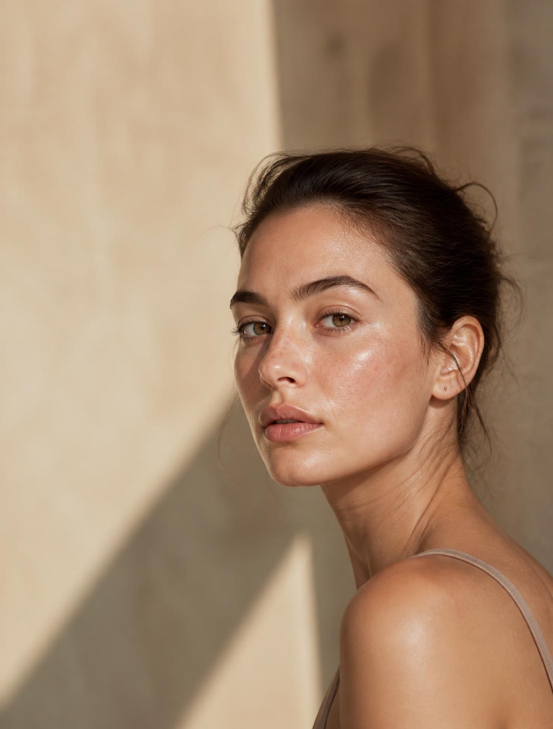 Woman with natural skin texture in soft daylight