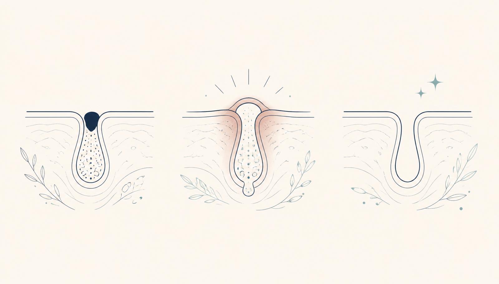 Line illustration showing a blocked pore, an inflamed pore and a calmer pore