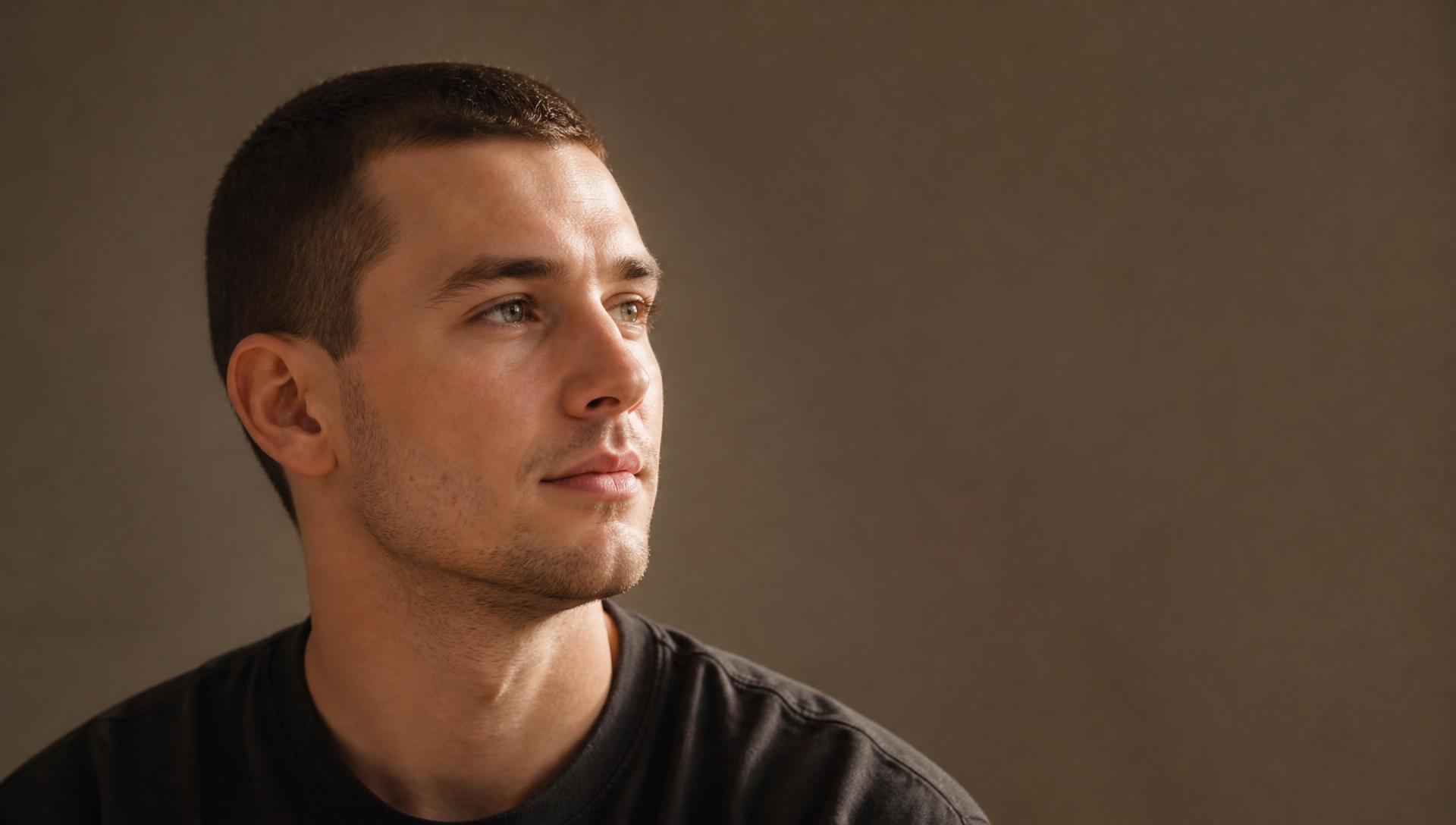 Man with natural skin texture in soft window light